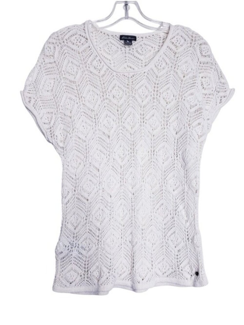 Eddie Bauer White Short Sleeve Open Knit Crochet Sweater Top Women's Size XS